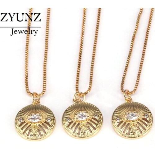 10PCS, Gold Color Round Shaped Womens Pendant Necklace Fashion Jewelry Classic Zirconia Micro Pave CZ For Wedding Party Gifts