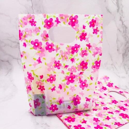 100pcs/lot 15*20cm Hot Pink Flower Plastic Gift Bags With Handles Plastic Packaging For Mini Jewelry Christmas Gift