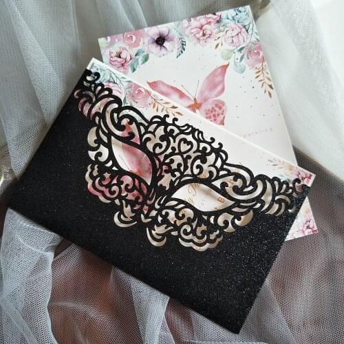 50X Black Glitter Party Invitations White Gold Silver Personalized Printing Laser Cut Makeup Halloween Dance Greeting Cards