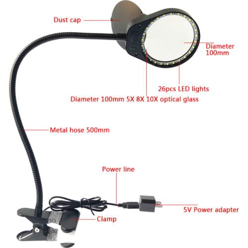 5X 8X 10X Portable Magnifier Clamp Type Gooseneck Table Magnifying 26pcs LED Light Desktop Glass Magnifier For Phone PCB Repair