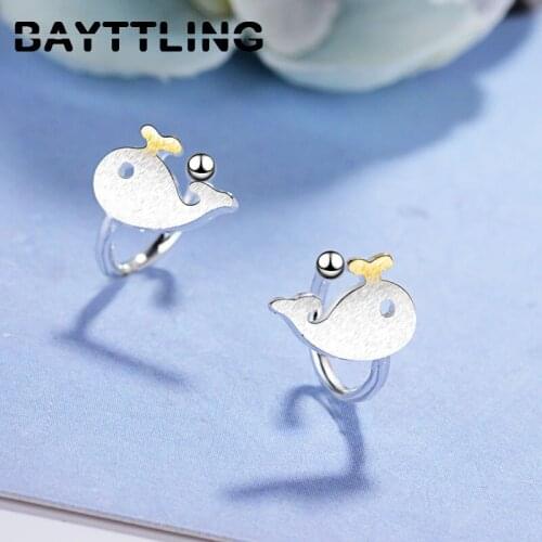 BAYTTLING New 925 Sterling Silver 12MM Fine Golden Cute Whale Ear Clip Earrings For Woman Fashion Party Jewelry Gift