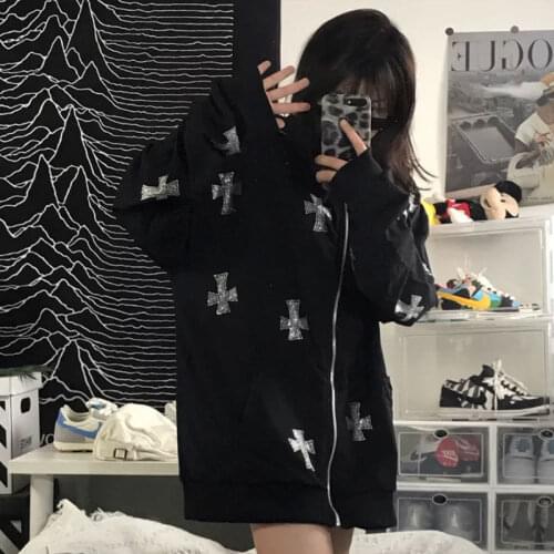 Ins Dark Black Street Hip-Hop Cross Diamond Zipper Cardigan Harajuku Oversized Sweater Coat Jacket Female Trend