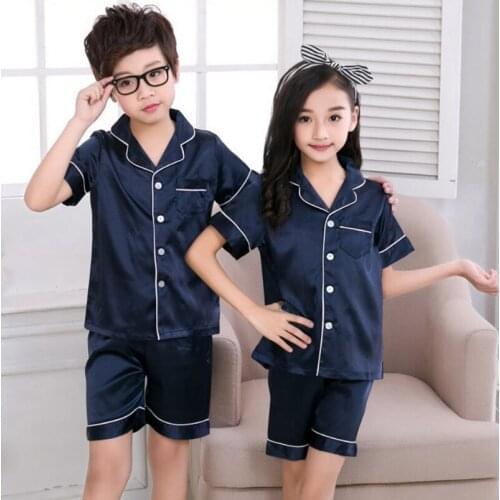 Kids Boys Girls Pajamas Sets Silk Turn Down Collar Shirts Pants 2Pcs Sets 2020 Casual Sleepwear Bebe Pijama Baby Home Wear PJ06