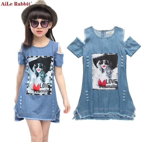 AiLe Rabbit Children Dresses For Girls Denim Dress Summer Strapless Dress Pattern Girls Clothing Short Sleeve Child Clothes