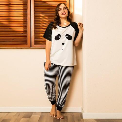 DOIB Women Plus Size Pajamas Set Cartoon Panda T-shirt Striped Trousers Large Size Homewear Nightwear Suit Two Pieces Sleepwear