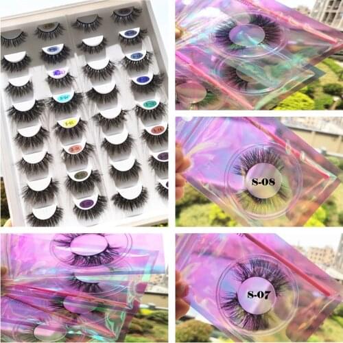 Holographic bag one pair 3d Mink Lashes 25mm Set Fluffy Wholesale Handmade Lash with Pink brush Bulk 25mm Fluffy Soft Wispy