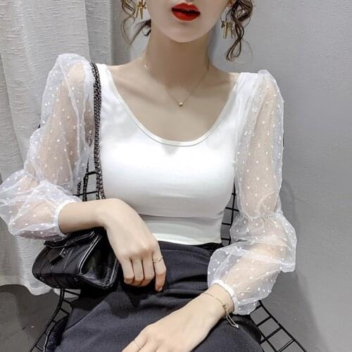 Korean Clothes Ladies O-neck Mesh Perspective Puff Sleeve Autumn Style Shirts Slim Crop Top Womens Clothing Blouses New