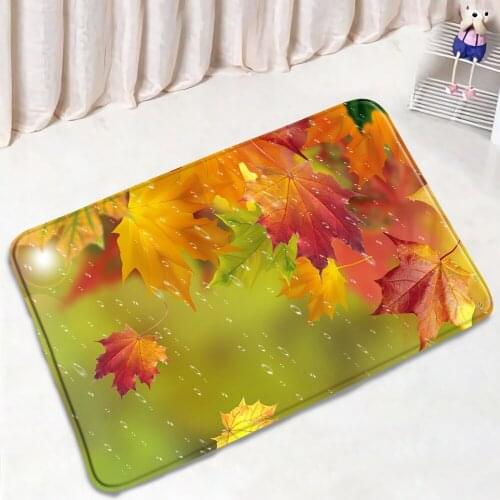 Creative Raindrop Maple Leaf Bathroom Mat Autumn Red Pattern Non-Slip Rugs Flannel Home Decor Bath Kitchen Doorway Aisle Carpet