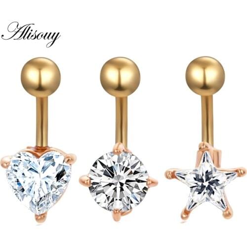 Alisouy 1pc fashion Belly Button Ring stainless Steel Gold Heart Round Star crystal Pendant Navel Piercing nombril Body Jewelry