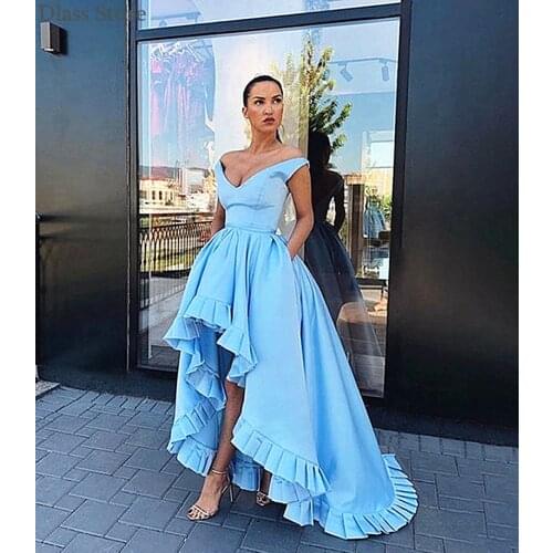 Sky Blue Homecoming Dress Off Shoulder V-neck Sexy Short Front Long Back Satin Pockets A-line Evening Dress платья знаменитостей