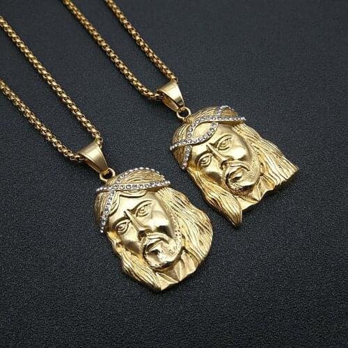 Stainless Steel Hip Hop Jesus Gold Christ Pendant Necklace Zircon Stone Jesus Jewelry Gift For Him with Chain