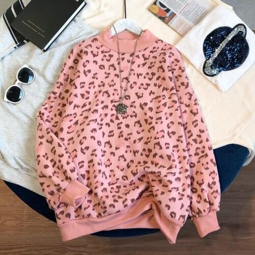 2019 New Autumn Winter Sweet Pink Leopard Sweatshirts Women Casual Pullovers Loose Thick Sweatshirt Slim Long Sleeve Tops Mw885