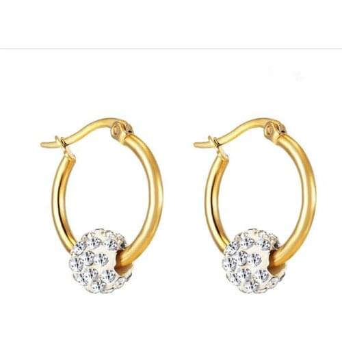 New Arrival Personality Crystal Ball Round Stud Earrings For Women Stainless Steel Gold Color Ear Clip Fashion Party Jewelry