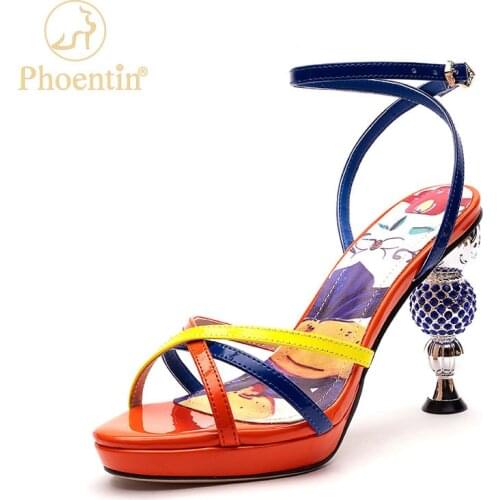 Phoentin Crystal Metal Strange Super High Heel Sandals Women Sexy Cross Narrow Band 2021 Summer Flower Print Party Shoes FT1536