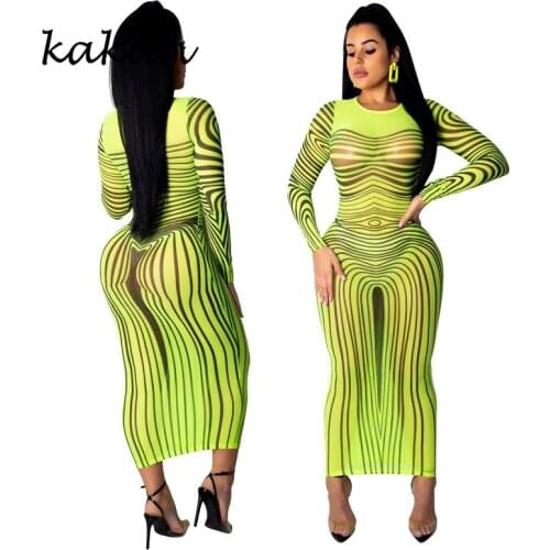 Kakan best selling womens print dress sexy nightclub super elastic mesh dress green rose red blue dress