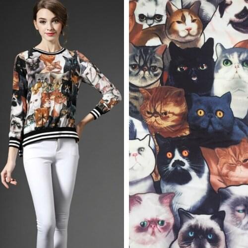Cat printed polyester stretch satin fabric cloth 145 cm width womens children shirt dress clothing fabric alibaba express