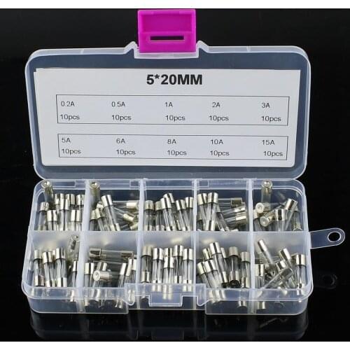 100Pcs 5x20mm Electrical Assorted Fuse Amp Fast-blow Glass Fuse Mix Set With Box 0.2A 0.5A 1A 2A 3A 5A 6A 8A 10A 15A
