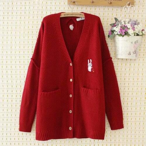 Plus size cardigans for women 2021 autumn kawaii rabbit embroidery Womens oversize sweater dark blue red loose Womens clothing