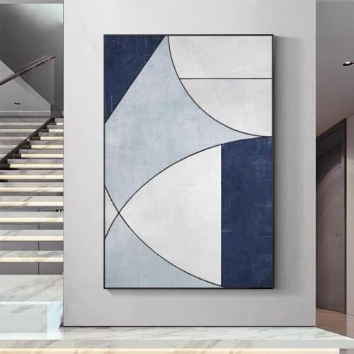 Hand made Nordic Simple Geometric Blue Color Block Abstract Oil Painting Wall Art Poster For Living Room Poster Bedroom Decor