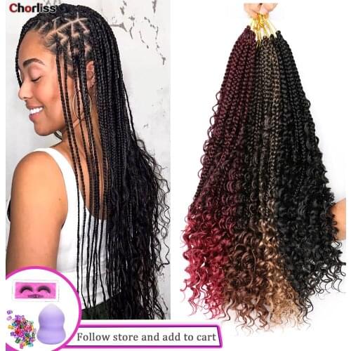 20 24Inch Synthetic River Box Braids Crochet Hair Extensions Messy Goddess Ombre Braiding Hair With Curly Ends For Women Black