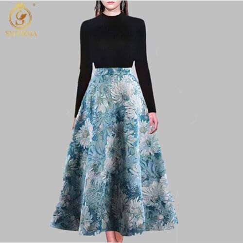 SMTHMA 2021 New Autumn And Winter Black Knit Sweater + Jacquard Vintage High Waist Big Swing Two Piece Skirt Suit