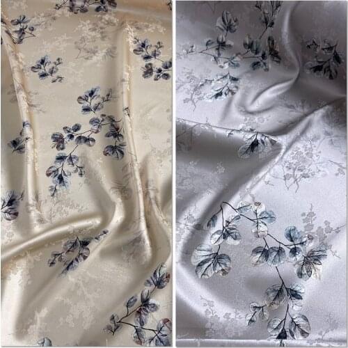 1 Meter Heavy Satin Jacquard Silk Fabric Cheongsam Shirt Dress Stretch Plum Branch Gray Leaf