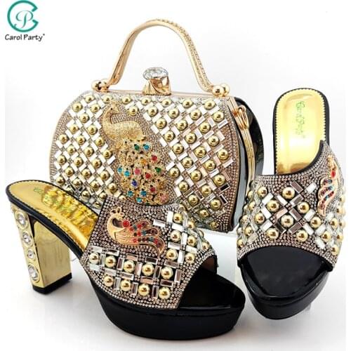 Nigerian Newest Italian Design Special Phoenix Shape Metal Decoration Ladies Shoes and Bag Set With Platform in Black Color