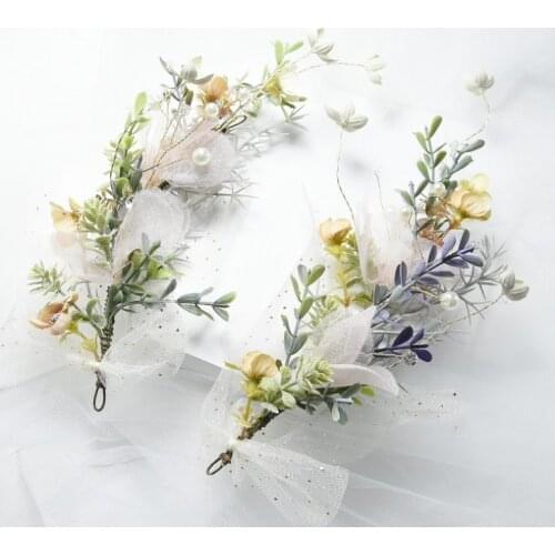 1Set Bride Forest Grass Flower Hair Clip Wedding Hair Accessories Yarn Flower Bride Headband Hair Ornaments Women Hairpin Tiara