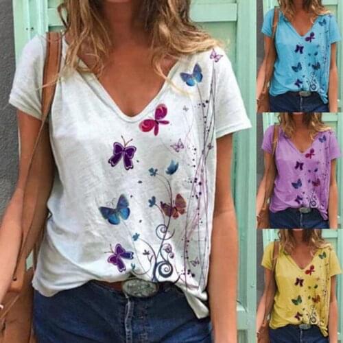 2021 Summer T-Shirt Lady Short Sleeve Printed V-Neck Tops Butterfly Print Tee Casual Loose Top Womens Clothing