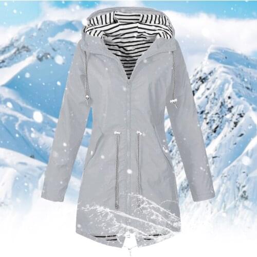 Women Solid Rain Jacket Trench Outdoor Plus Size Waterproof Drawstring Hooded Windproof Loose Coat Roupas Feminina #G3