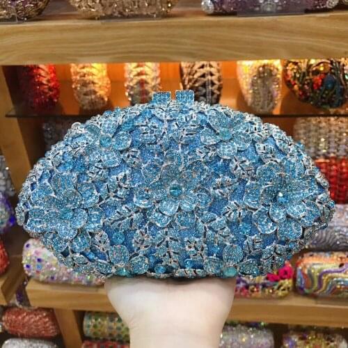 Womens Crystal Evening Bag Party Clutch Bags With Chain Wedding Diamond Beaded Bag Rhinestone For Lady Small Shoulder Bags blue