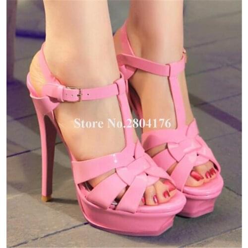 Brand Fashion Women Candy Colors Patent Leather High Platform Sandals Ankle Straps Pink Yellow Red High Heel Sandals Club Shoes
