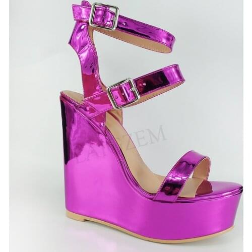 LAIGZEM Women Sandals Platform Wedges Heels Sandals Shiny Purple Shoes Woman Casual Sexy Sandalia Zapato Large Size 50 51 52