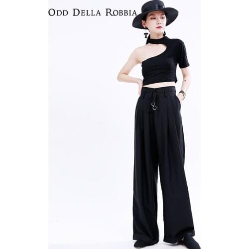 OddDellaRobbia 2021 Summer New Womens Metal Ring Lace OL High Waist Floor Wide Leg Pants Elegant Loose Suit Pants 1387