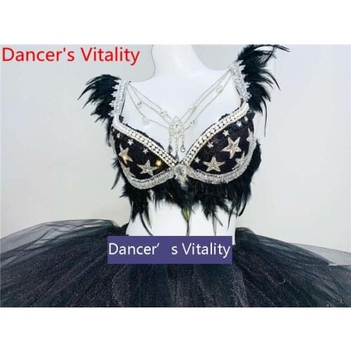 Festival Women Singer Host DS Diamond Bra Black Feather Short Bubble Skirt Stage Wear Pole Jazz Dance Performance Costume Set