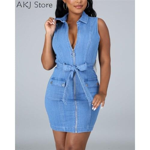 Women Turndown Collar Sleeveless Zipper Pocket Design Skinny Denim Dress With Belt