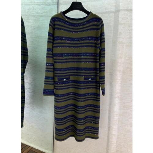 12.23 Cashmere Dress 2020 New Women O-neck Sequin Stripe Knitted Slim Temperament Dress