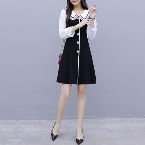 Spring Autumn Womens Dress New Temperament Popular Long Sleeve Dress Women Mid-length Lantern Sleeve Fashion Black Dresses E239