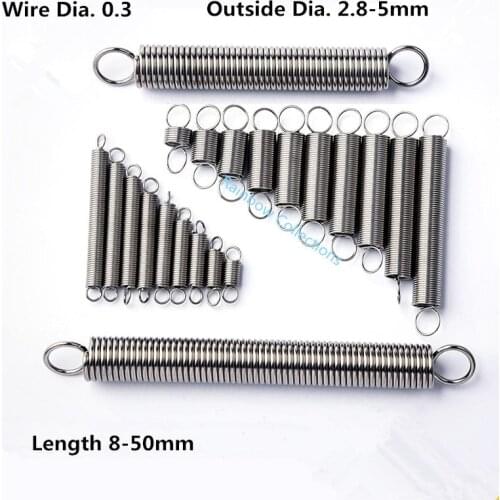 10pcs/lot 304 stainless steel tension spring tension with hook spring wire Dia. 0.3 Outside Dia. 2.8-5mm Length 8-50mm