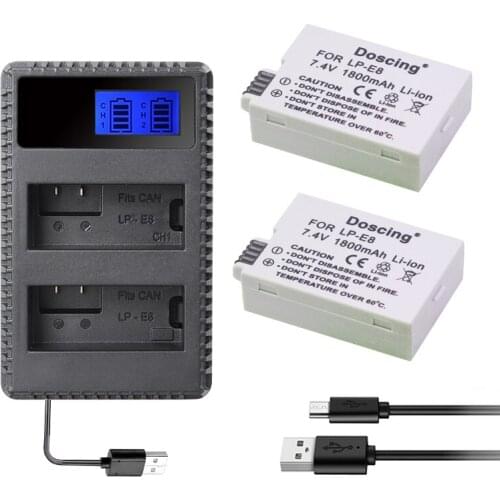 2pcs LP-E8 lp e8 Rechargeable Batteries + LCD Charger for Canon 550D 600D 650D 700D X4 X5 X6i X7i T2i T3i T4i T5i DSLR Camera