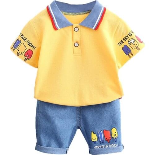 Childrens suit summer boys fashion short-sleeved suit boys cartoon short-sleeved tops casual jeans summer clothes