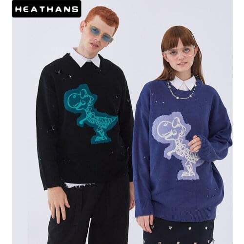 Mens Dinosaur Knitted Loose Sweaters Hip Hop Unisex Casual Vintage Oversize Couple Ripped Round Neck Male Pullover Sweater Tops