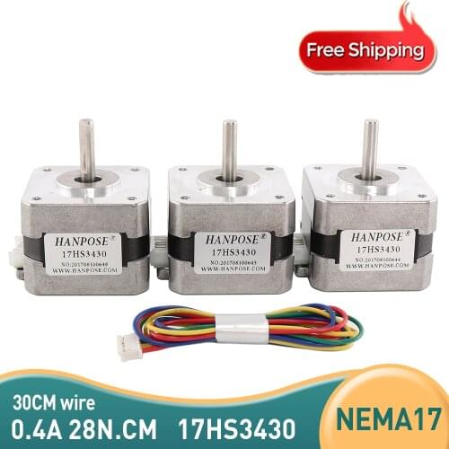3PCS Free shipping Nema17 motor 12VDC 0.4A 28N.CM 34mm length 4-Lead 17HS3430 42 Stepper Motor for CNC XYZ 3D Printer
