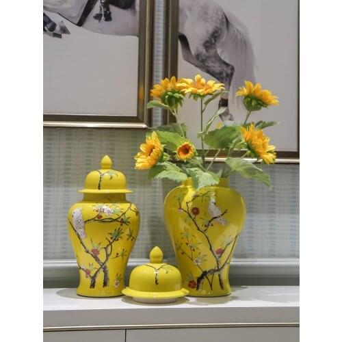 Hot sale Chinese home decoration modern ceramic Ginger jars porcelain storage jar with parrot pattern yellow