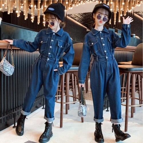 Children denim jumpsuits baby girl long sleeve spring autumn new overalls teenage fashion Siamese rompers teen 6-16Y wz295