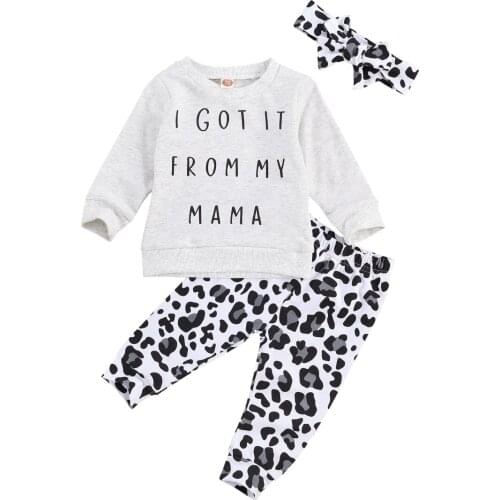 0-24M Newborn Baby Girls Boys Clothes Sets Letter Print Long Sleeve Pullover Sweatshirt Tops Leopard Pants Headband 2pcs Outfits
