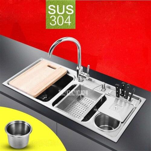 9243J Multi-function Kitchen Sink Faucet Set SUS304 Stainless Steel Dual Trough Sink Thickening Basin Sink With Garbage Barrel