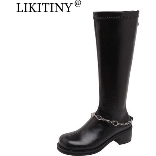 NEW LIKITINY 2021 Winter Womens shoes Zipper Crystal Rhinestone Genuine Leather Chunky Heels Round Toe Knee High Boots