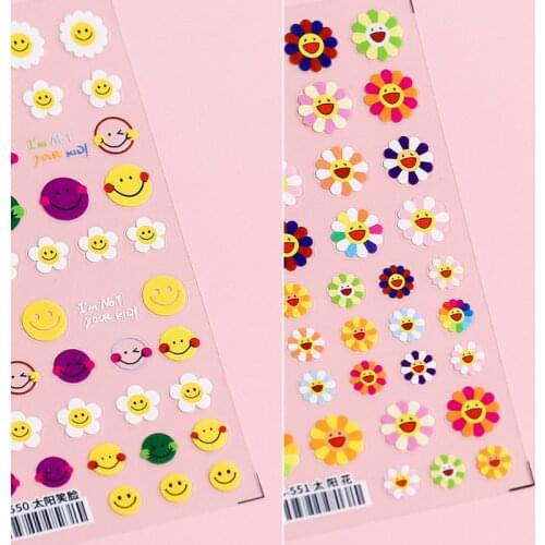 New Craft Nail Art Decals Thin Transparent Smiley Face Colored Flowers Three-dimensional Relief 5D Nail Art Decoration Stickers