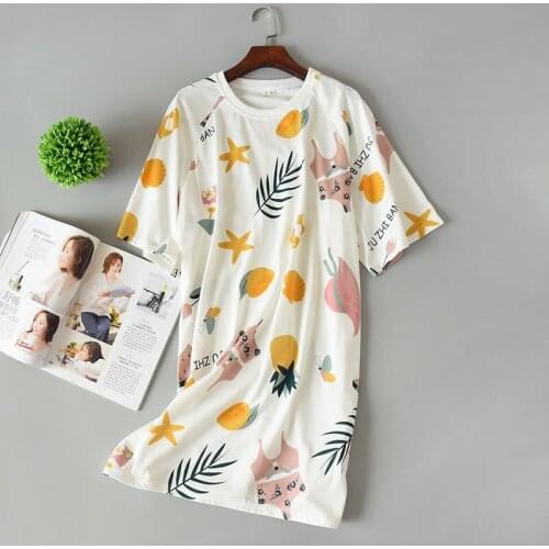 Summer Women Pajamas Short Sleeves Knit Cotton Sleep Skirt cartoon Loose Comfortable Thin Women Cotton Home night dress
